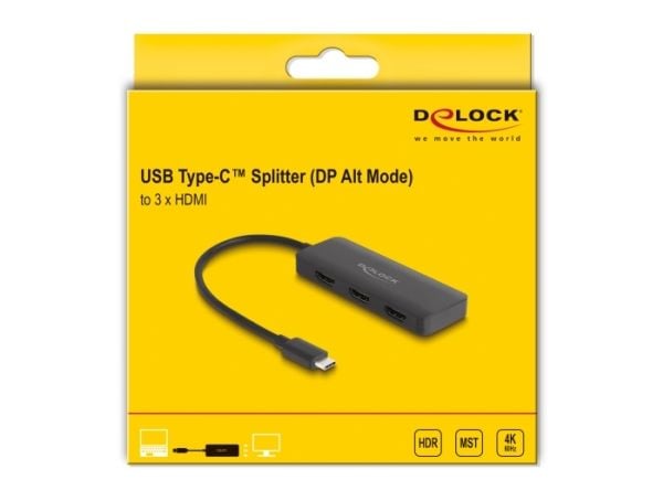 Delock - Video/lyd-splitter - 4K 60Hz, DP Alt Mode, MST, USB Type-C - 3 x HDMI - stasjonær