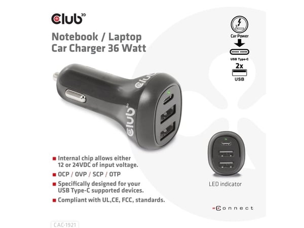 Club 3D Club3D USB billader 1xUSB C, 2xUSB A, 36W, 12/24V detaljhandel