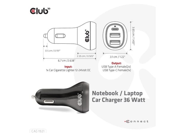 Club 3D Club3D USB billader 1xUSB C, 2xUSB A, 36W, 12/24V detaljhandel