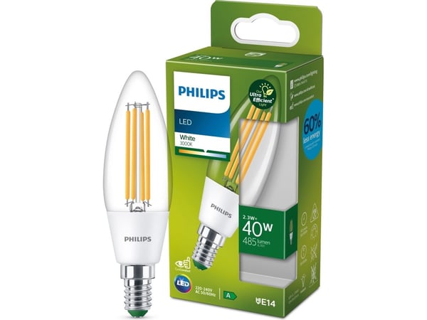Philips - LED-lyspære - form: B35 - klar finish - E14 - 2.3 W (ekvivalent 40 W) - klasse A - hvitt lys - 3000 K