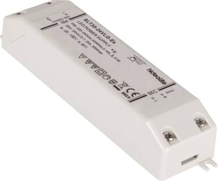 DC-muuntaja 24V LED-valonlähteille, yksi lähtö, kuormitus 0-30W, valmiusteho 0.3W