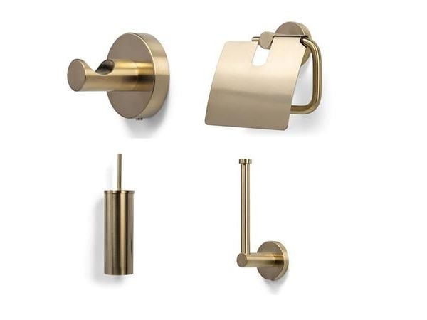 BLUE LABEL Badeværelsestilbehør i børstet guld - toiletrulleholder, toiletbørste, håndklædekrog samt reservepapirholder