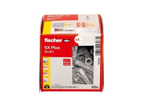 Fischer 568008, Ekspansjonsanker, Lettbetong, Murstein, Betong, Gipsfiberplate, Murverk, Nylon, Grå, Tyskland, 8 mm