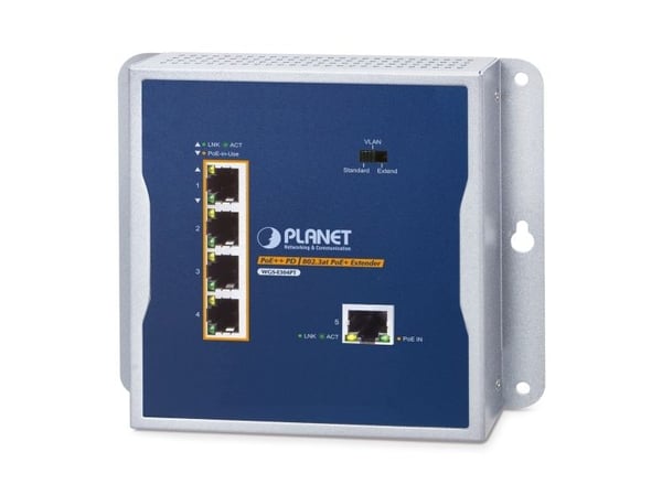 PLANET WGS-E304PT Industrial PoE+ Wall-mounted Extender 1-Port PoE++ to 4-Port, Sender og mottaker, 2000 oppføringer, IP30, Blå, Metall, Vegg