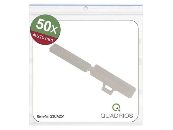 Quadrios 23CA251 23CA251 23CA251 23CA251 Merkintäripustus Kiinnitystyyppi: Kaapeliside Kohokuvioitu pinta: 9,5 x 41 mm Läpinäkyvä Merkintöjen määrä...
