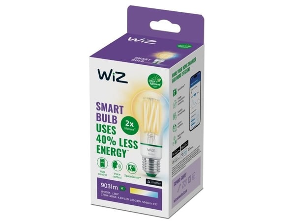 WiZ Lamp Filament - Smart LED Lighting - Energy Class A - Warm to Cool White Light - E27 - 60W - Transparent - Wi-Fi