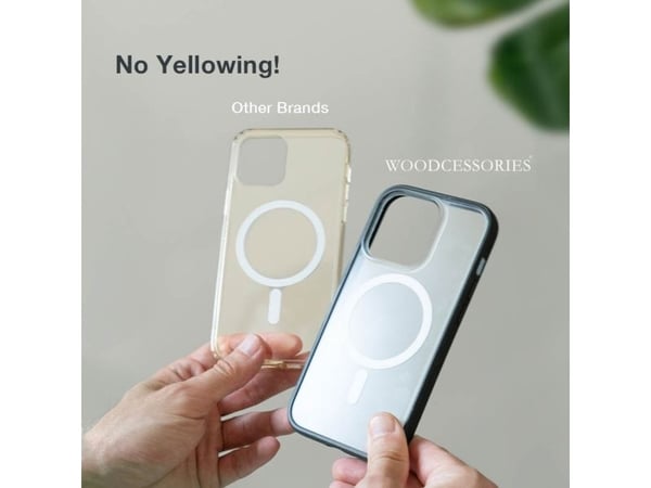 Woodcessories - Baksidedeksel for mobiltelefon - MagSafe-samsvar - wheat & straw mix - svart/klar - for Apple iPhone 14