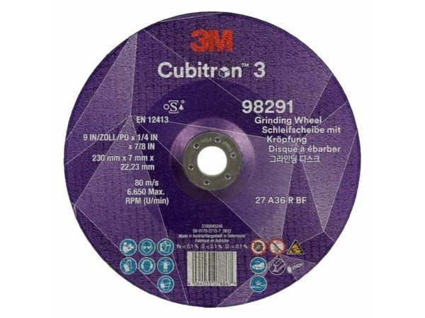 3MTM CubitronTM 3 Hankauslevy syvennetyllä keskellä, 98291, 36+, T27, 230 mm x 7 mm x 22,23 mm, EN, 10- 3MTM CubitronTM 3 Hankauslevy syvennetyllä keskellä, 98291, 36+, T27, 230 mm x 7 mm x 22,23 mm, EN, 10-