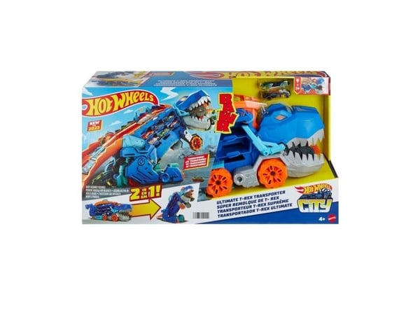 Hot Wheels City Ultimate Hauler, forvandles til T-Rex med racerbane, har plass til 20+ biler, Kjøretøy og banesett, 4 år, AAA, Plast, Flerfarget