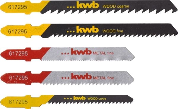 kwb 617295, Stikksagblad, Sponplate, Plast, Mykt tre, Stål, Høykarbonstål (HCS), Svart, Rustfritt stål, 5 stk.
