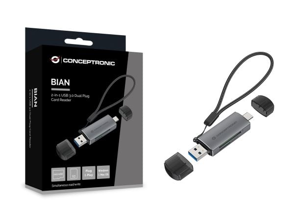 Conceptronic BIAN05G, MicroSD (TransFlash), SD, SDHC, SDXC, Grå, 5000 Mbit/s, USB 3.2 Gen 1 (3.1 Gen 1) Type-A/Type-C, 21,3 mm, 11,5 mm