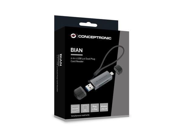 Conceptronic BIAN05G, MicroSD (TransFlash), SD, SDHC, SDXC, Grå, 5000 Mbit/s, USB 3.2 Gen 1 (3.1 Gen 1) Type-A/Type-C, 21,3 mm, 11,5 mm