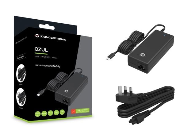 Conceptronic - Strømadapter - GaN, with built-in USB-C cable, PPS, PD 3.0 - AC 100-240 V - 100 watt - Storbritannia - grå