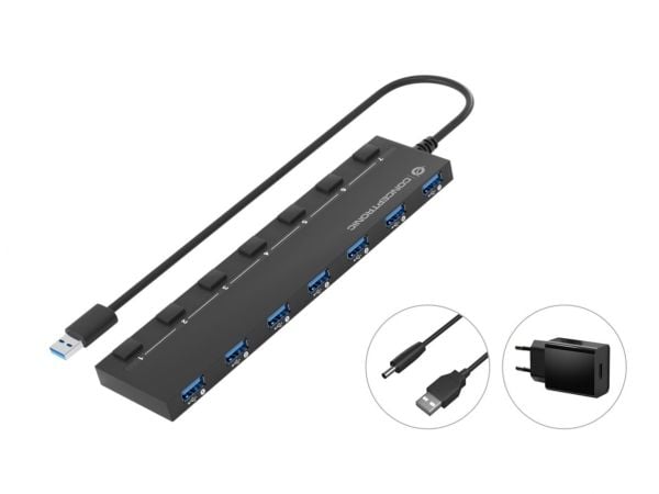 Conceptronic HUBBIES HUBBIES19BP - Hub - with 5V/3A power adapter, 90 cm cable, individual power switch - 7 x USB 3.2 Gen 1 - stasjonær