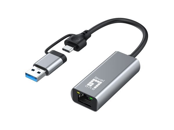 LevelOne - Nettverksadapter - USB-C 3.2 Gen 1 / USB-A 3.2 Gen 1 - 10M/100M/1G/2,5 Gigabit Ethernet - grå