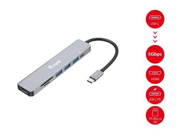 Equip 133494, Koblet med ledninger (ikke trådløs), USB 3.2 Gen 1 (3.1 Gen 1) Type-C, 100 W, Sølv, MicroSD (TransFlash), SD, SDHC, SDXC, 5 Gbit/s