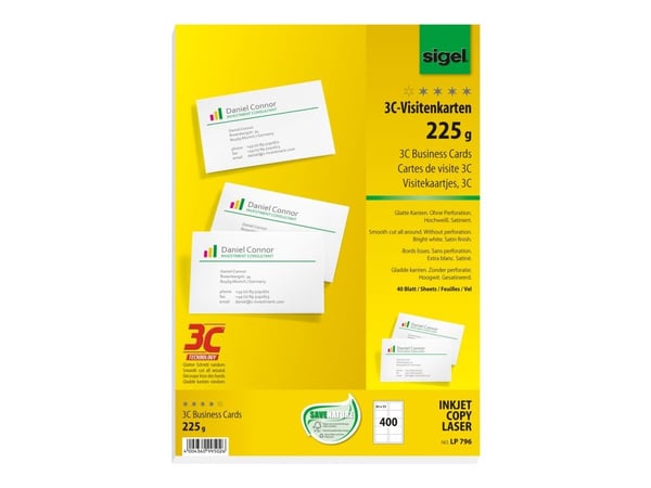 Sigel Business Card 3C LP796 - Sterkt hvitt - 85 x 55 mm - 225 g/m² - 400 kort (40 ark x 10) visittkort