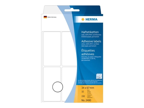 HERMA - Permanet adhesiv - hvit - 34 x 67 mm 192 etikett(er) (32 ark x 6) merkelapper