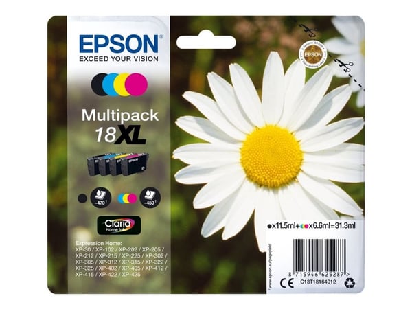 Epson Daisy Monipakkaus, 4 väriä 18XL Claria Home -muste, Korkea (XL) värintuotto, 11,5 ml, 6,6 ml, 470 sivua, 1 kpl, Monipakkaus
