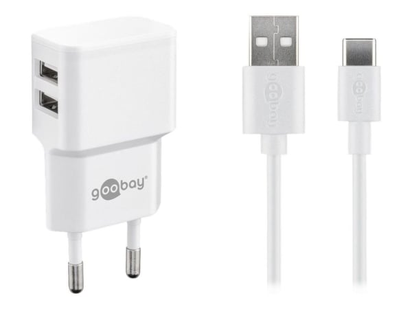 goobay USB-C charger set - Strömadapter - 12 watt - 2.4 A - 2 utdatakontakter (USB) - på kabel: USB-C - vit