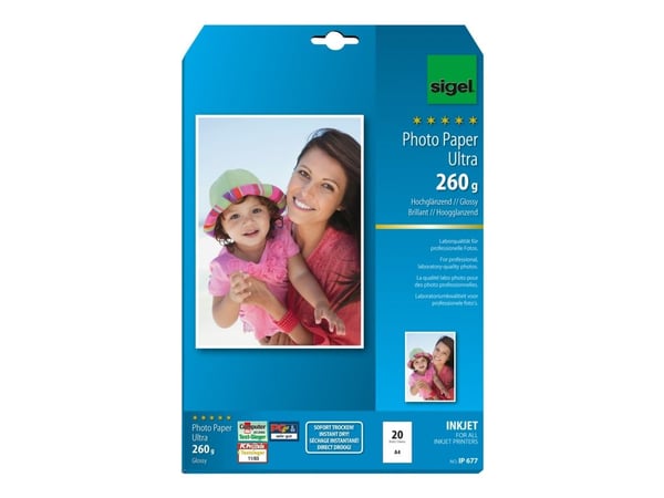 Sigel IP677, Kiilto, 260 g/m², Mustesuihku, A4, 20 arkkia