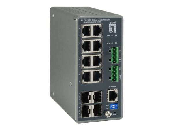 LevelOne IGU-1271 - Kytkin - L3 Lite - Hallittu - 8 x 10/100/1000 + 4 x Gigabit SFP - Kiinnitettävä DIN-kiskoon - Tasavirta