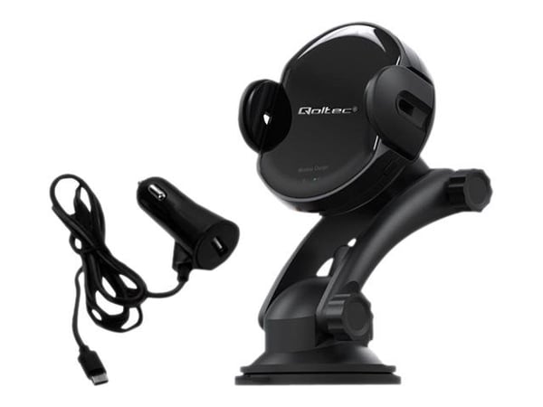 Qoltec Induction Wireless PRO Car Charger with IR Sensors - Trådløs ladeholder for bil + bilstrømadapter - 15 watt - 1.67 A - QC 3.0 - svart