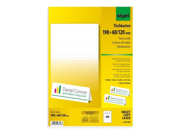 Sigel DP049 - Sterkt hvitt - 190 x 60 mm - 185 g/m² - 40 stk (20 ark x 2) bordkort