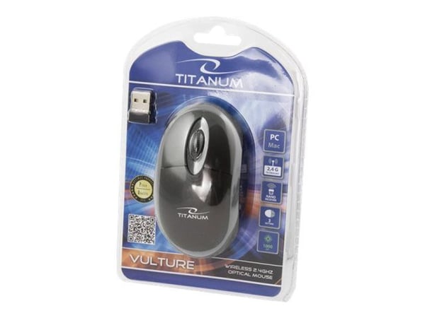 Titanum VULTURE - Mus - optisk - 3 knapper - trådløs - 2.4 GHz - USB trådløs mottaker - grå