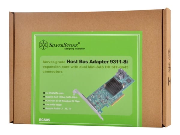 SilverStone ECS05 - Kontroller for lagring (RAID) - 8 Kanal - SATA 6 Gb/s / SAS 12 Gb/s - lav profil - RAID 0, 1, 10, 1E - PCIe 3.0 x8