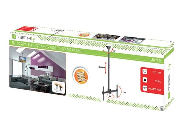 TECHly - Monteringssett (takmontering, monteringsbrakett, teleskopstang) - for flatpanel - stål - svart - skjermstørrelse: 37"-70" - takmonterbar