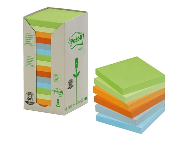Post-it-lapper til resirkulering, assorterte farger, 76x76 mm, pakke med 16.
