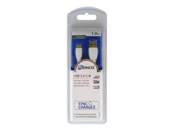 Sinox i-Media - USB-kabel - USB-type A (hann) til USB-C (hann) reversibel - USB 3.0 - 1 m - hvit
