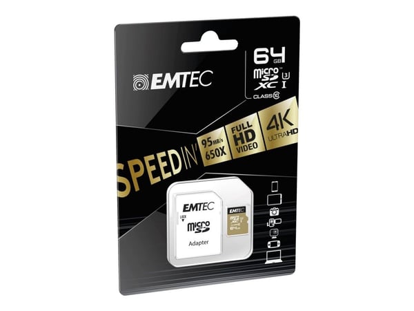 EMTEC SpeedIN' - Flashminnekort (microSDXC til SD-adapter inkludert) - 64 GB - UHS-I U3 / Class10 - 650x - microSDXC
