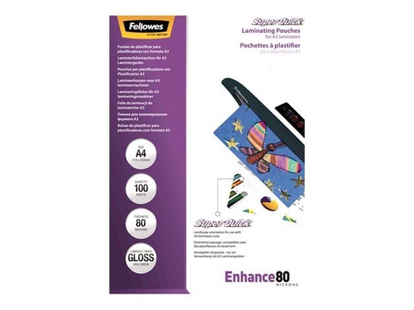Fellowes Laminating Pouches SuperQuick Enhance 80 micron - 80 mikroner - 100-pack - glanset - gjennomsiktig - A4 (210 x 297 mm) lamineringspunger