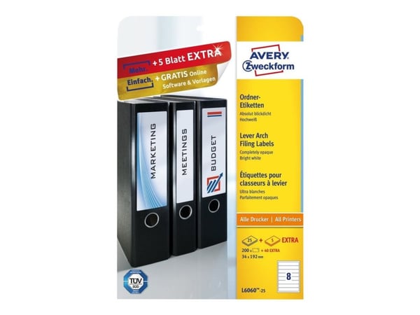Avery L6060 - Hvit - 34 x 192 mm 200 stk (25 ark x 8) filmappeetiketter