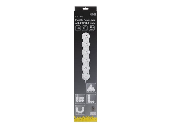 DELTACO GT-290 - Effektband - 3500 Watt - ingång: power CEE 7/7 - utgångskontakter: 4 (4 x CEE 7/4, 2 x USB) - 1.4 m sladd - vit