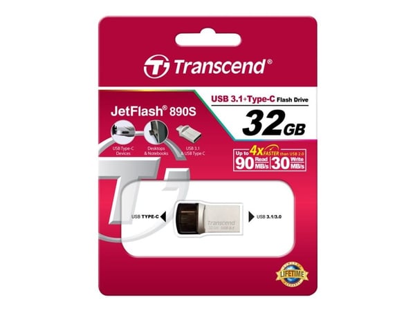 Transcend JetFlash 890 32GB, 32 GB, USB Type-A / USB Type-C, 3.2 Gen 1 (3.1 Gen 1), Suojus, 3 g, Musta, Hopea