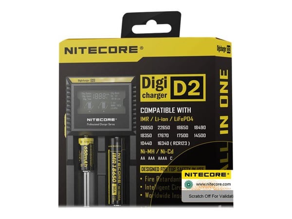 Nitecore D2, Lithium jern fosfat (LiFePO4), Lithium-Ion (Li-Ion), Nikkel-Cadmium (NiCd), Nikkel-Metalhydrid..., AA, AAA, AAAA, C