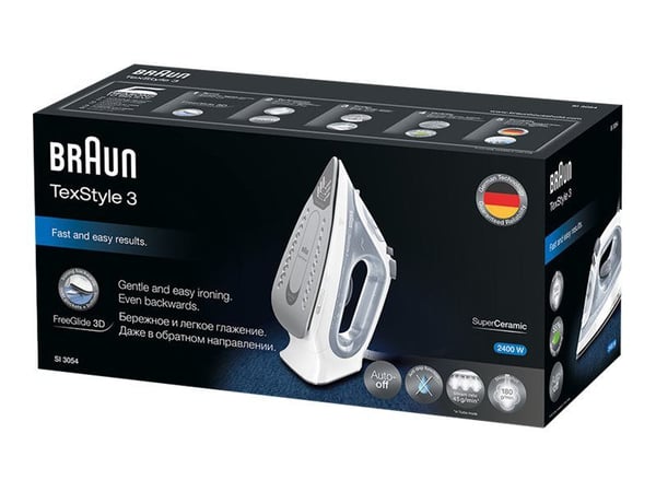 Braun TexStyle 3 SI 3054 GY - Ångstrykjärn med automatisk avstängning - sula FreeGlide 3D SuperCeramic - 2400 W - vit / grå