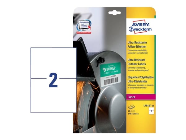 Avery L7916-10 - Polyetylen (PE) - permanent lim - hvit - A5 (148 x 210 mm) 20 etikett(er) (10 rulle(r) x 2) filmetiketter