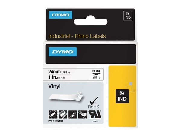 DYMO Rhino Coloured Vinyl - Vinyl - svart på hvitt - Rull (2,54 cm x 5,5 m) 1 kassett(er) tape - for Rhino 6000, 6000 Hard Case Kit