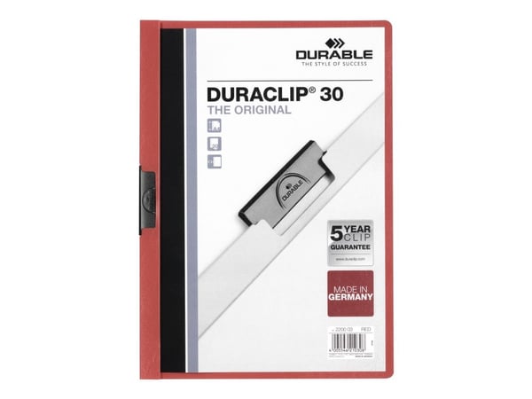 DURABLE DURACLIP 30 - Klipsfil - for A4 (210 x 297 mm) - kapasitet: 30 ark - rød med transparent frontdekke