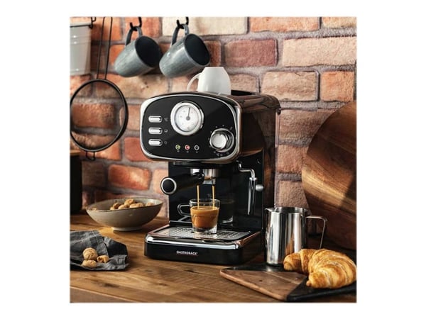 Gastroback Design Espresso Basic, Espressokone, 1,25 L, Jauhettu kahvi, 1100 W, Musta, Ruostumaton teräs