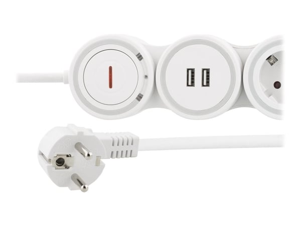 Deltaco Taipuisa jatkojohto, 4 pistorasiaa, 1,4m, 16A 3500W, 2x USB-A, Valkoinen, 1,5 m, Type F (CEE 7/4), 16 A, 3500 W, 65 mm
