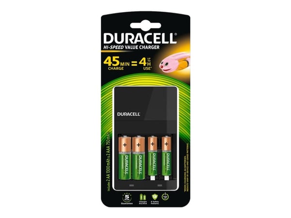 Duracell High-Speed Value CEF14 - 4 h batteriladdare - (för 4xAA/AAA) 2 x AA-typ - NiMH - 1300 mAh - 7 Watt - med 2 x AAA NiHM 750 mAh laddningsbar...