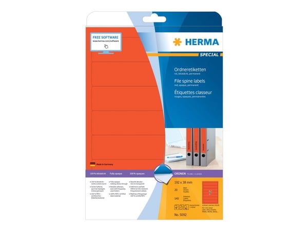HERMA 5092, Punainen, Itse kiinnittyvä tulostintarra, A4, Paperi, Laser/Inkjet, Kiinteä