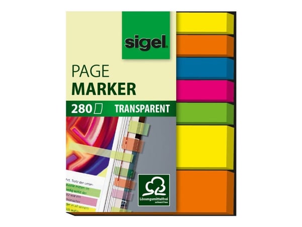 Sigel PageMarker - Sidmarkerare - 280 ark - genomskinligt grön, genomskinligt rosa, genomskinligt blå, genomskinligt gul, genomskinligt orange