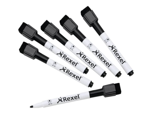 Rexel JOY - Markør - ikke-permanent - for whiteboard - svart - fin - med viskelær (en pakke 6)