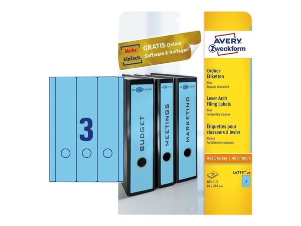 Avery L4753 - Blå - 61 x 297 mm 60 stk (20 ark x 3) filmappeetiketter